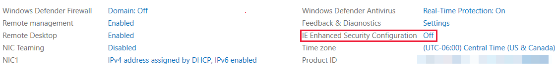 Captura de pantalla de la configuración actual de ESC de Internet Explorer en el administrador del servidor.