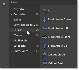 Categoría Formas en el panel Activos