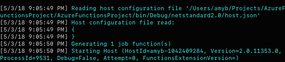 Output of Azure function in Terminal