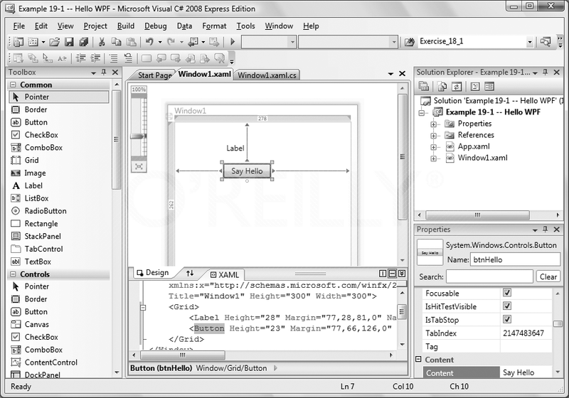 When you place controls onto the Window element in the Design view, the appropriate XAML is automatically added to the XAML window. Changes you make to the XAML are also reflected in the Design view.