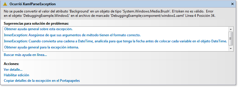 Asistente de excepciones mostrando un error de análisis de XAML