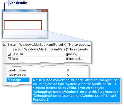 Asistente de excepciones mostrando un error de análisis de XAML