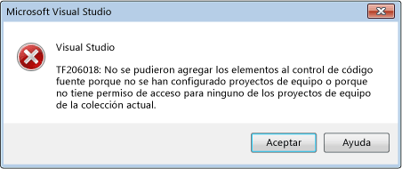 Error de carpetas de control de código fuente por no haber proyectos de equipo