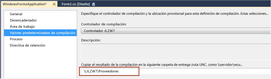 Agregar ruta UNC para Valores predeterminados de compilación