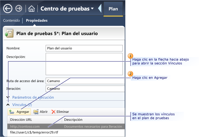 Agregar vínculos externos al plan de pruebas