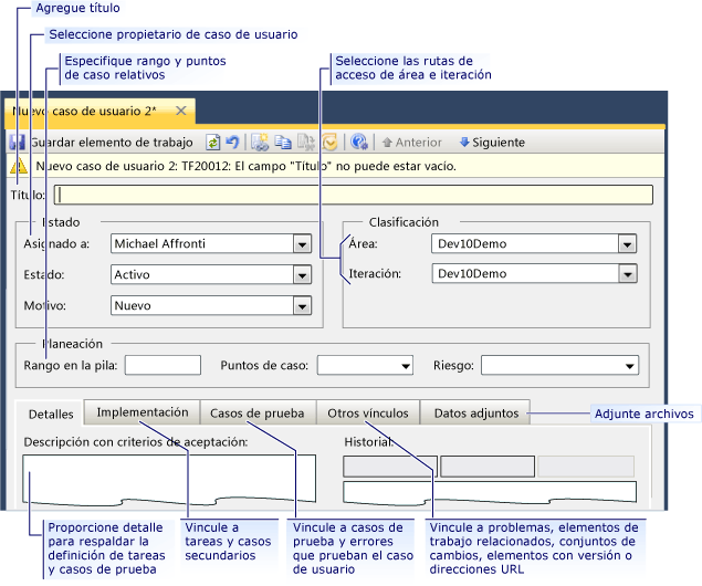 Formulario de elemento de trabajo para un caso de usuario