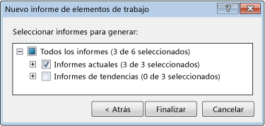 Cuadro de diálogo Nuevo informe de elementos de trabajo (inicial)