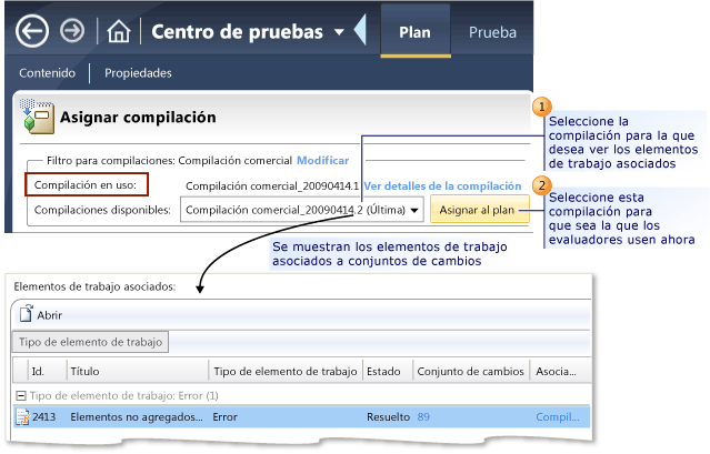 Seleccionar una compilación para usar en el plan de pruebas