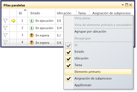 Menú de encabezado de columna de tareas paralelas