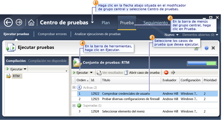 Seleccionar la prueba que se va a ejecutar en Microsoft Test Manager