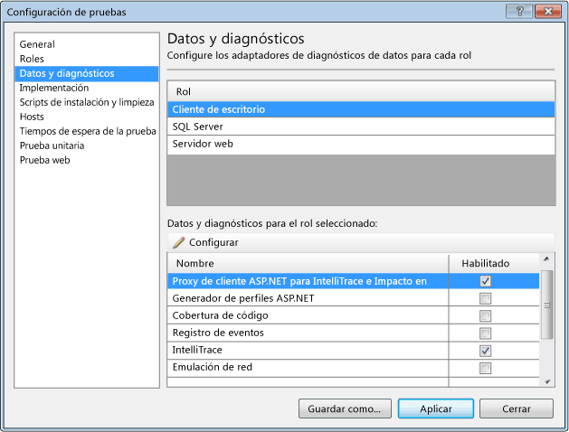 Datos y diagnósticos de Configuración de pruebas