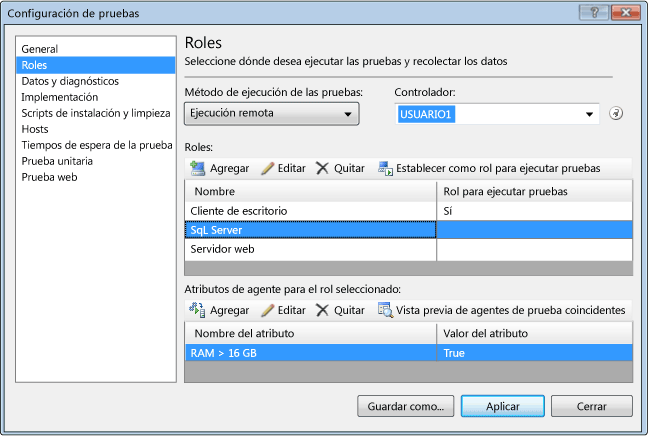 Roles de Configuración de pruebas