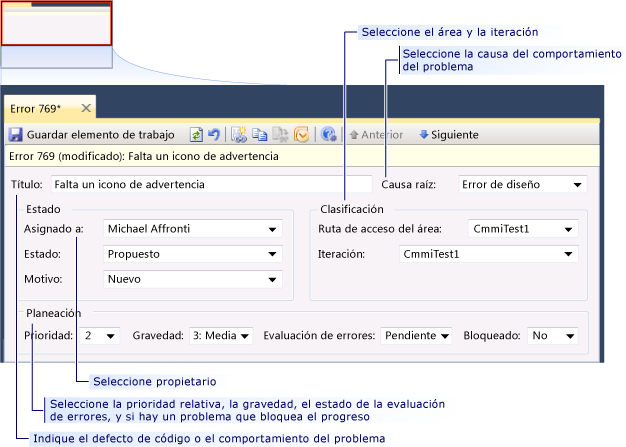 Formulario de elemento de trabajo Error de CMMI