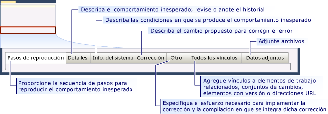 Formulario de elemento de trabajo Error de CMMI: pestañas