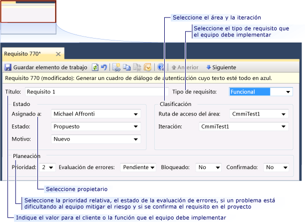 Formulario de elemento de trabajo Requisito