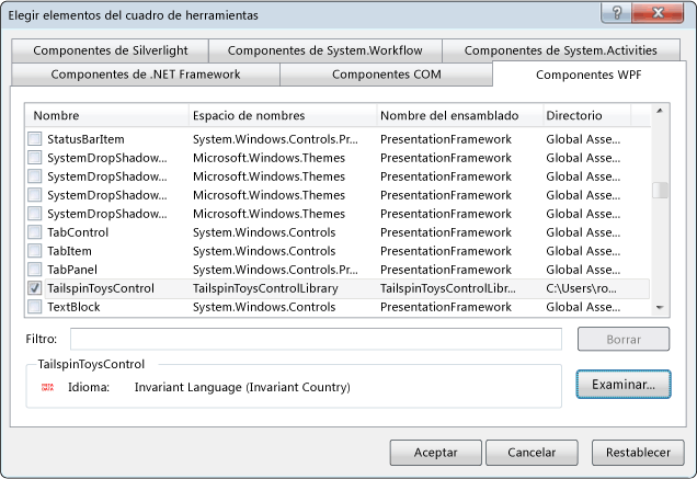 Cuadro de diálogo Elegir elementos del cuadro de herramientas con icono personalizado