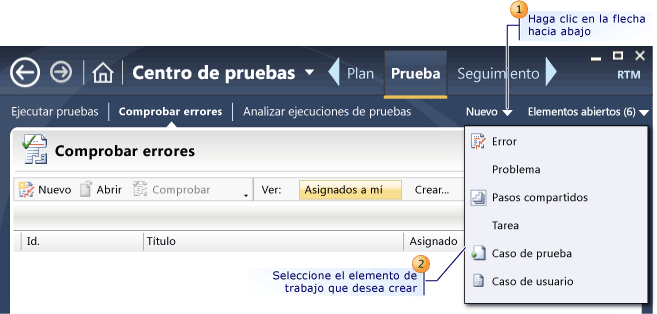 Crear un elemento de trabajo con Microsoft Test Manager