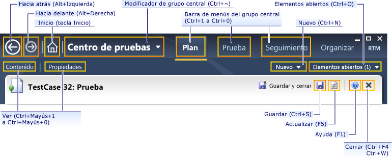 Métodos abreviados del teclado para Microsoft Test Manager