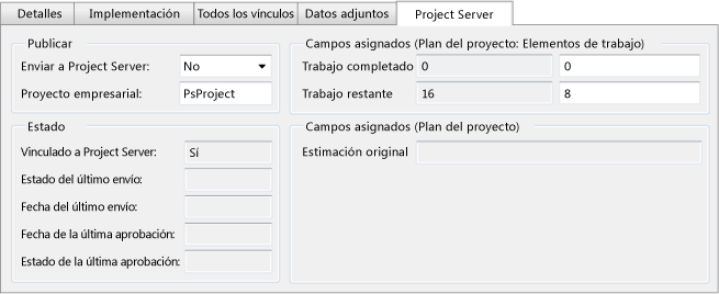 Campos predeterminados de la pestaña Project Server