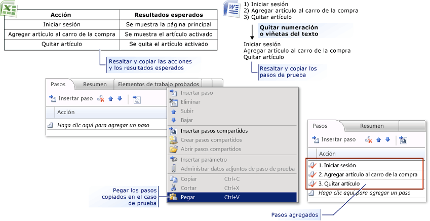 Agregar pasos de prueba de Microsoft Excel o Word