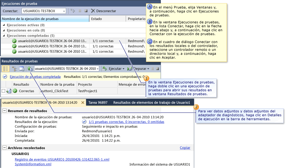 Abrir y ver los resultados y detalles de las pruebas