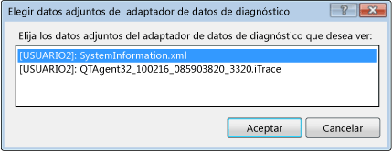 Cuadro de diálogo Elegir datos adjuntos del adaptador de datos de diagnóstico