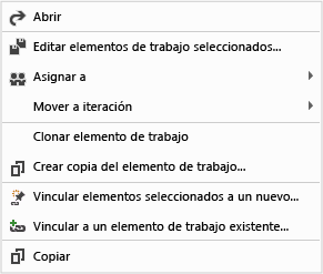Menú contextual del elemento de trabajo de Team Web Access