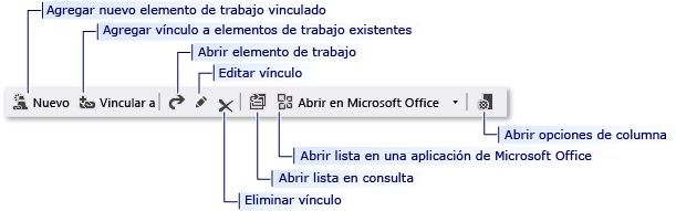 Controles de la barra de herramientas de vínculos del formulario de elemento de trabajo