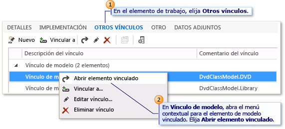 Elemento de modelo vinculado abierto de un elemento de trabajo