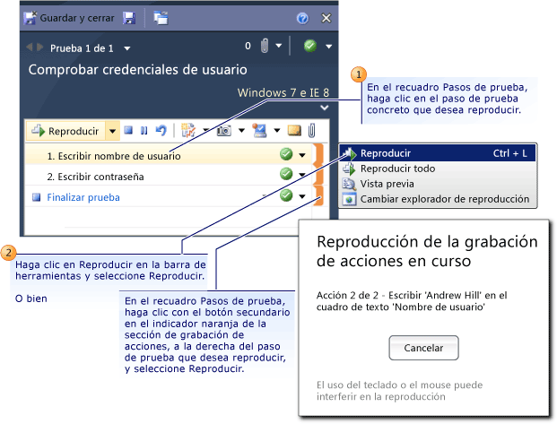 Reproducción de grabación de acciones en Test Runner