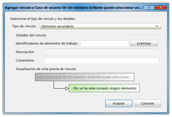 Cuadro de diálogo Vincular tarea a caso de usuario