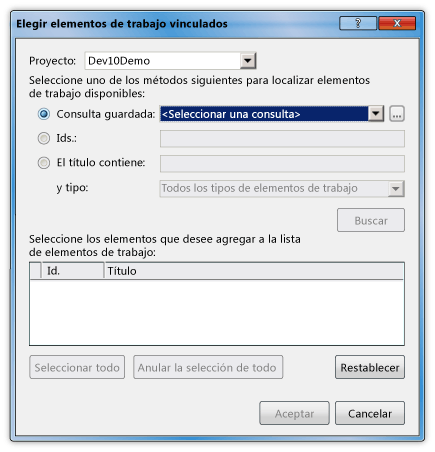 Cuadro de diálogo Elegir elementos de trabajo vinculados