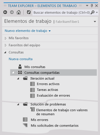 Lista de consultas del equipo de MSF Agile en Team Explorer