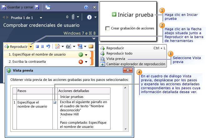 Obtener una vista previa de los pasos de acción de una prueba cargada