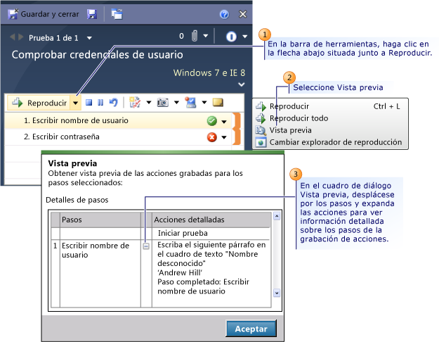 Mostrar una vista previa de los pasos de acción de una prueba previamente cargada