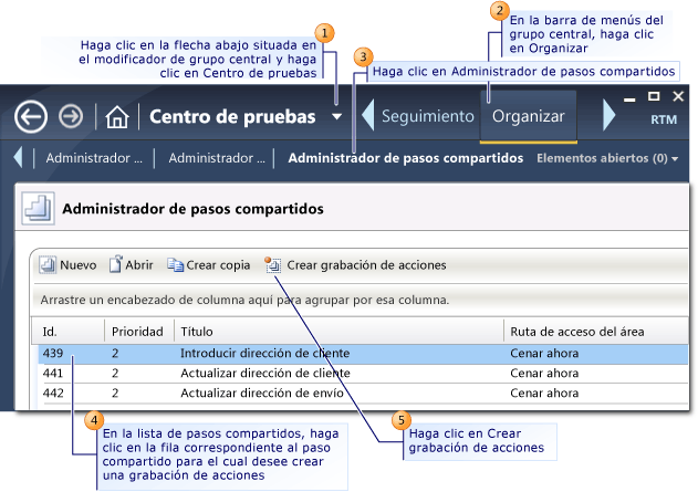 Crear grabación de acciones de pasos compartidos