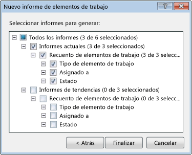 Cuadro de diálogo Nuevo informe de elementos de trabajo (expandido)