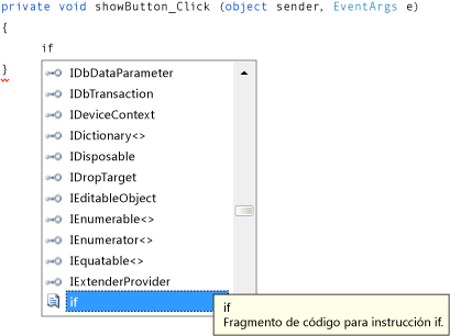 IntelliSense con código de Visual C#