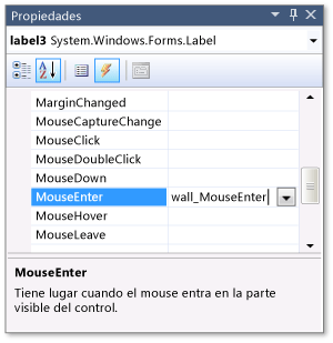 Ventana Propiedades mostrando el evento MouseEnter
