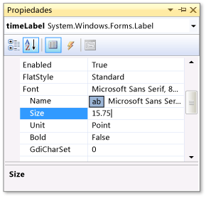 Ventana Propiedades mostrando el tamaño de fuente