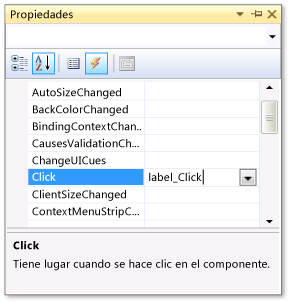 Ventana Propiedades mostrando el evento Click