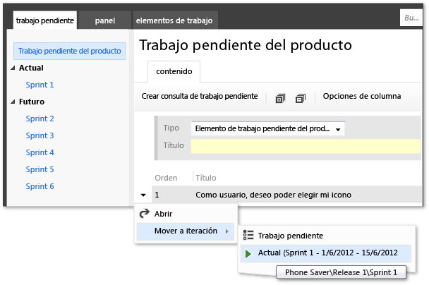 Mover elemento a la iteración actual (menú)