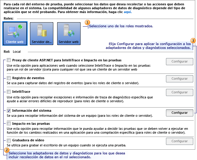 Página Datos y diagnósticos de Configuración de pruebas