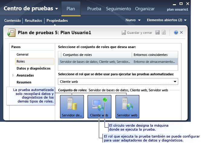 Página Roles de Configuración de pruebas