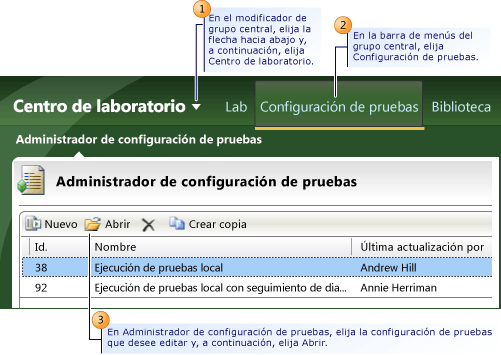 Editar una configuración de pruebas existente