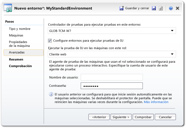 Asistente para nuevo entorno: página de propiedades avanzadas.