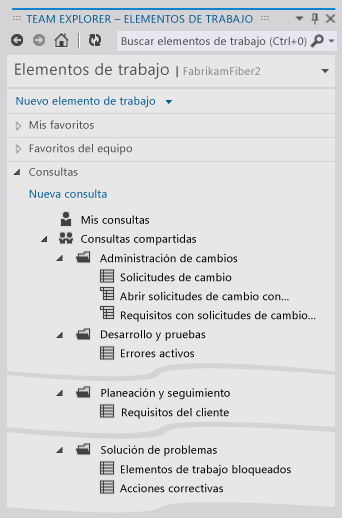 Lista de consultas compartidas en Team Explorer