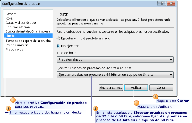 Configuración de pruebas para 64 bits