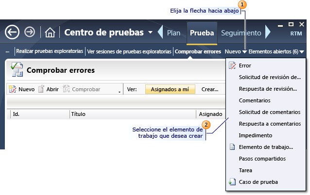 Crear un elemento de trabajo con Microsoft Test Manager