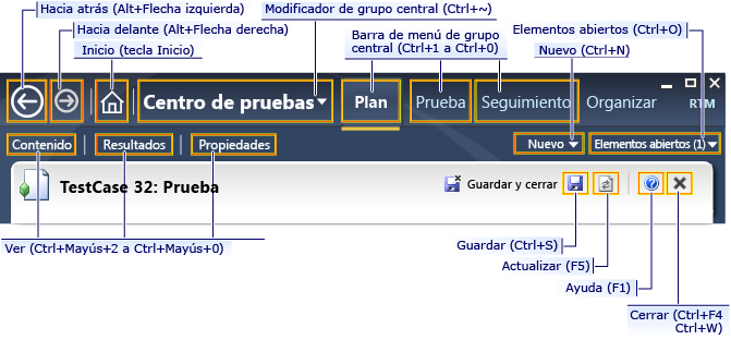 Métodos abreviados del teclado para Microsoft Test Manager